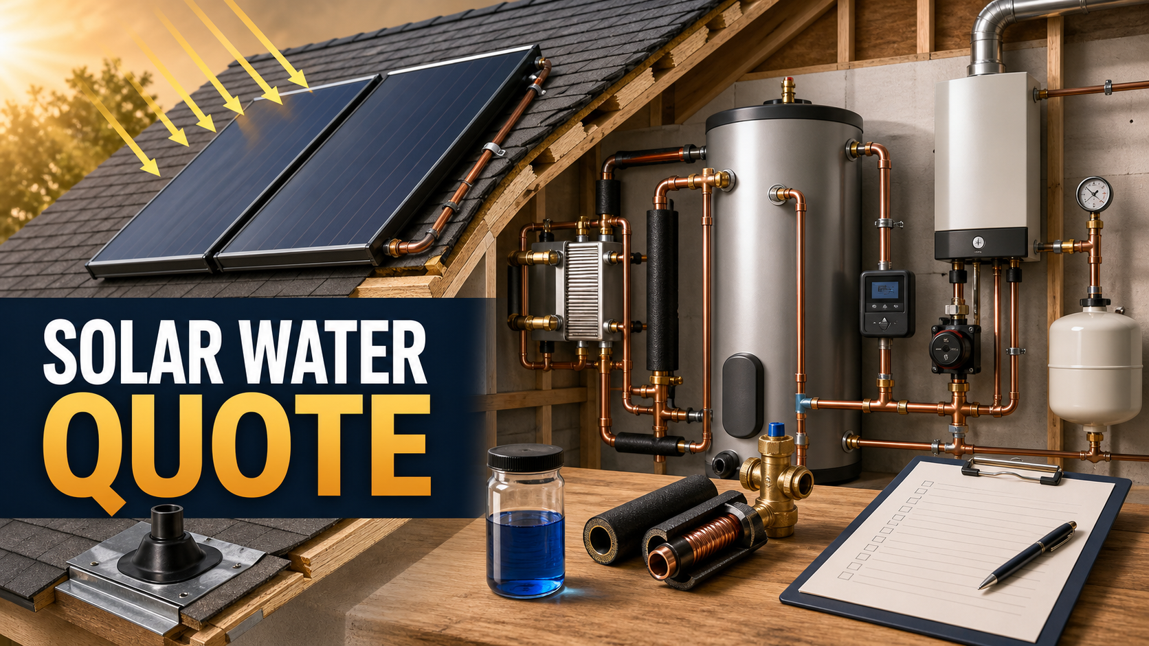 Solar water heater quote planning with roof collectors, insulated loop, heat exchanger, storage, backup heater, controller, expansion tank, tempering valve, freeze fluid, flashing, and checklist