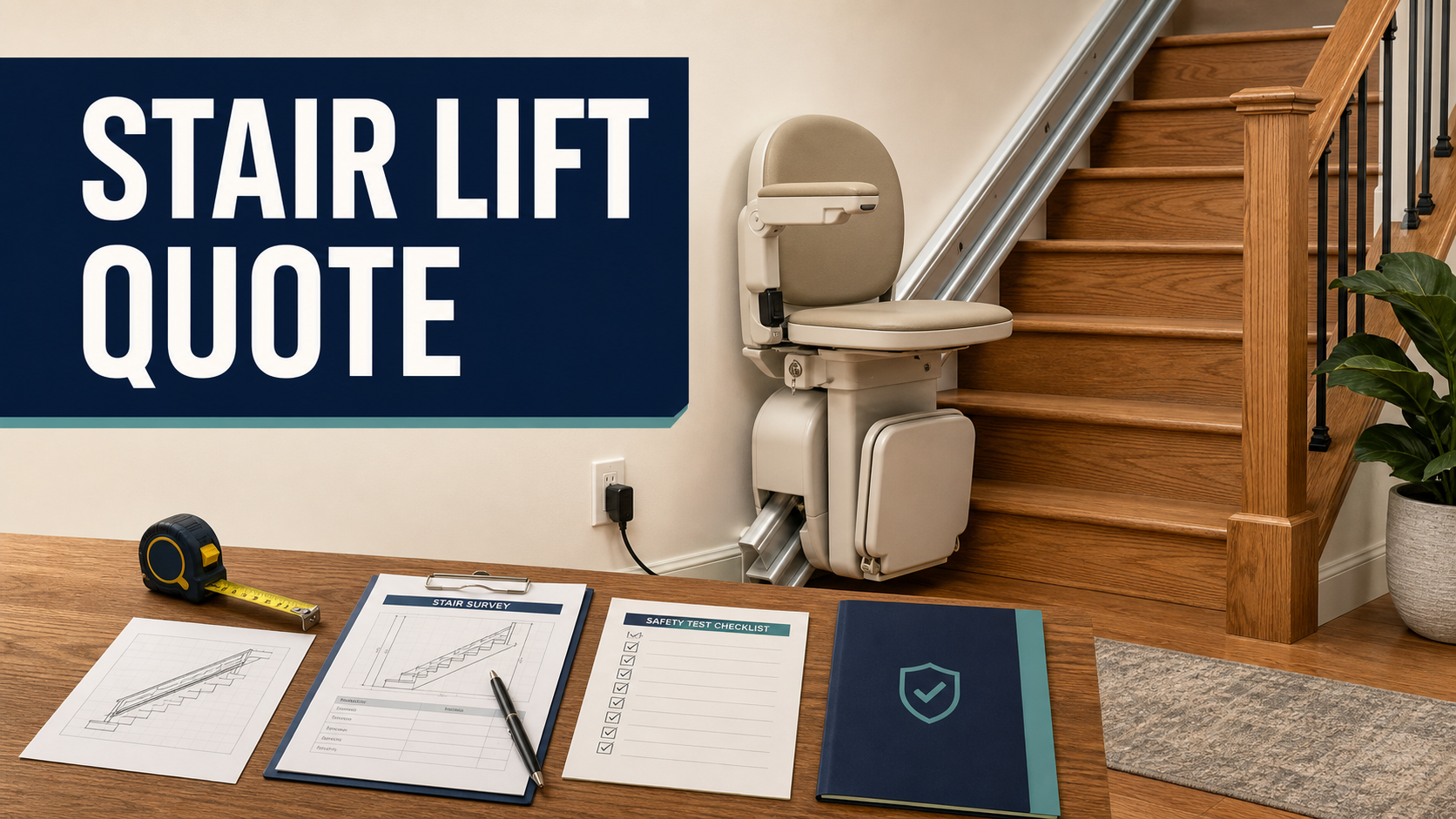 Stair lift installation quote review with rail, folded chair, swivel seat, power outlet, measurements, and safety checklist