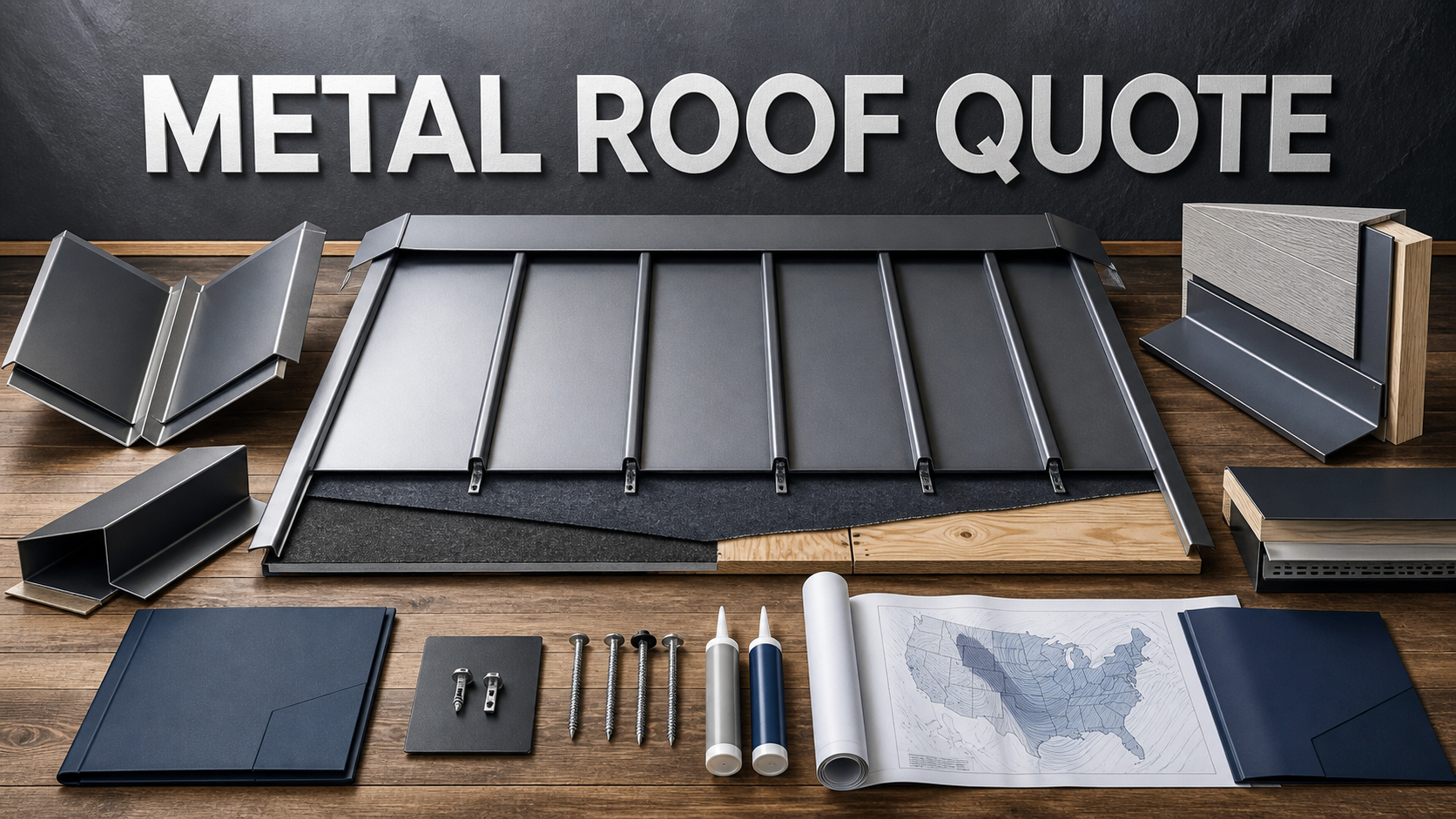 Standing-seam metal roof quote review with panels, concealed clips, underlayment, flashing details, fasteners, and wind-design sheet