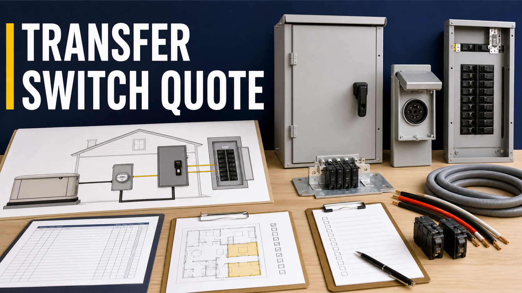 Generator transfer switch quote review with transfer equipment, inlet box, essential circuit panel, load worksheet, cable, and breakers