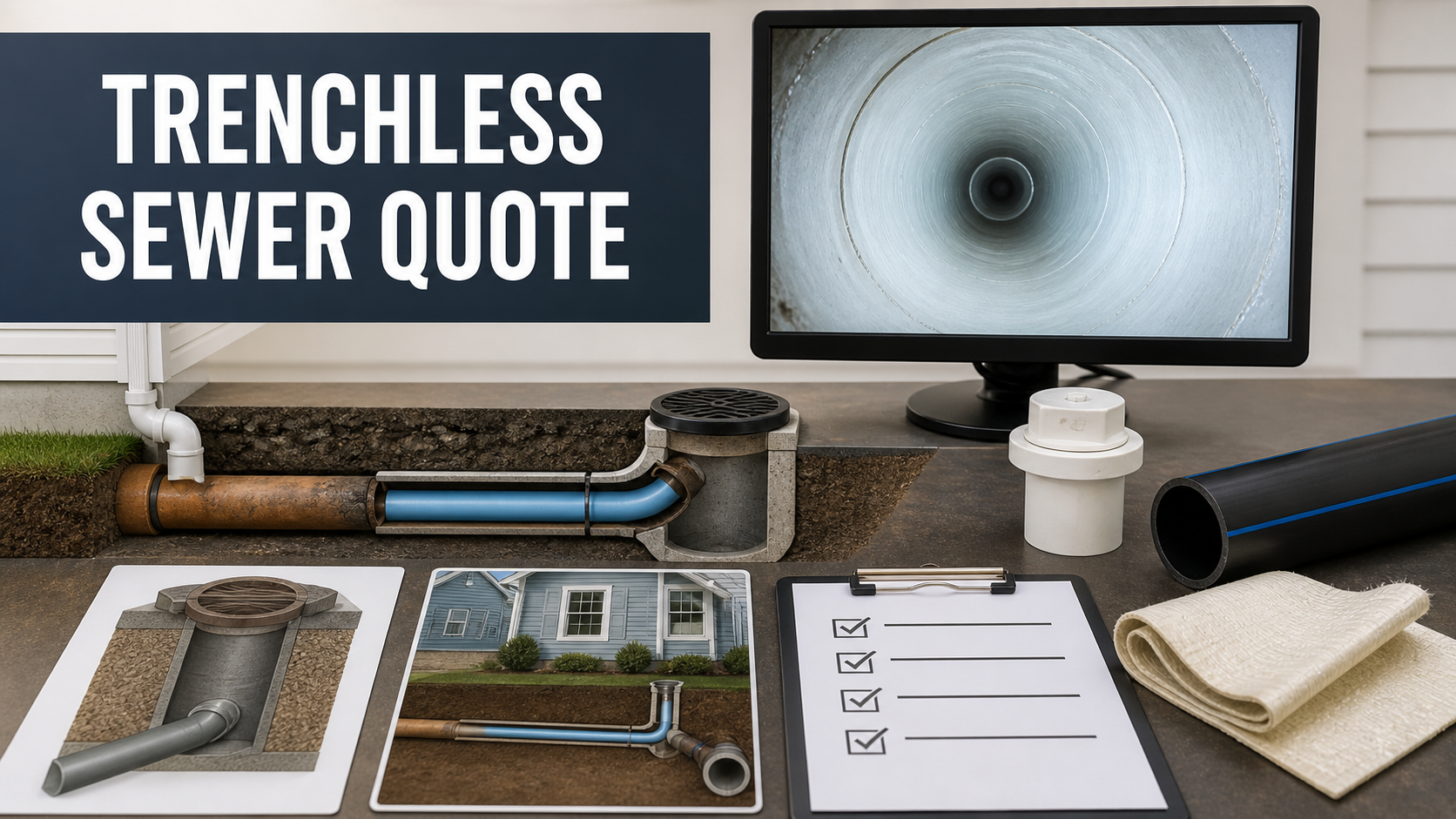 Trenchless sewer repair quote review with inspection camera, liner, HDPE pipe, cleanout, and access-pit plan