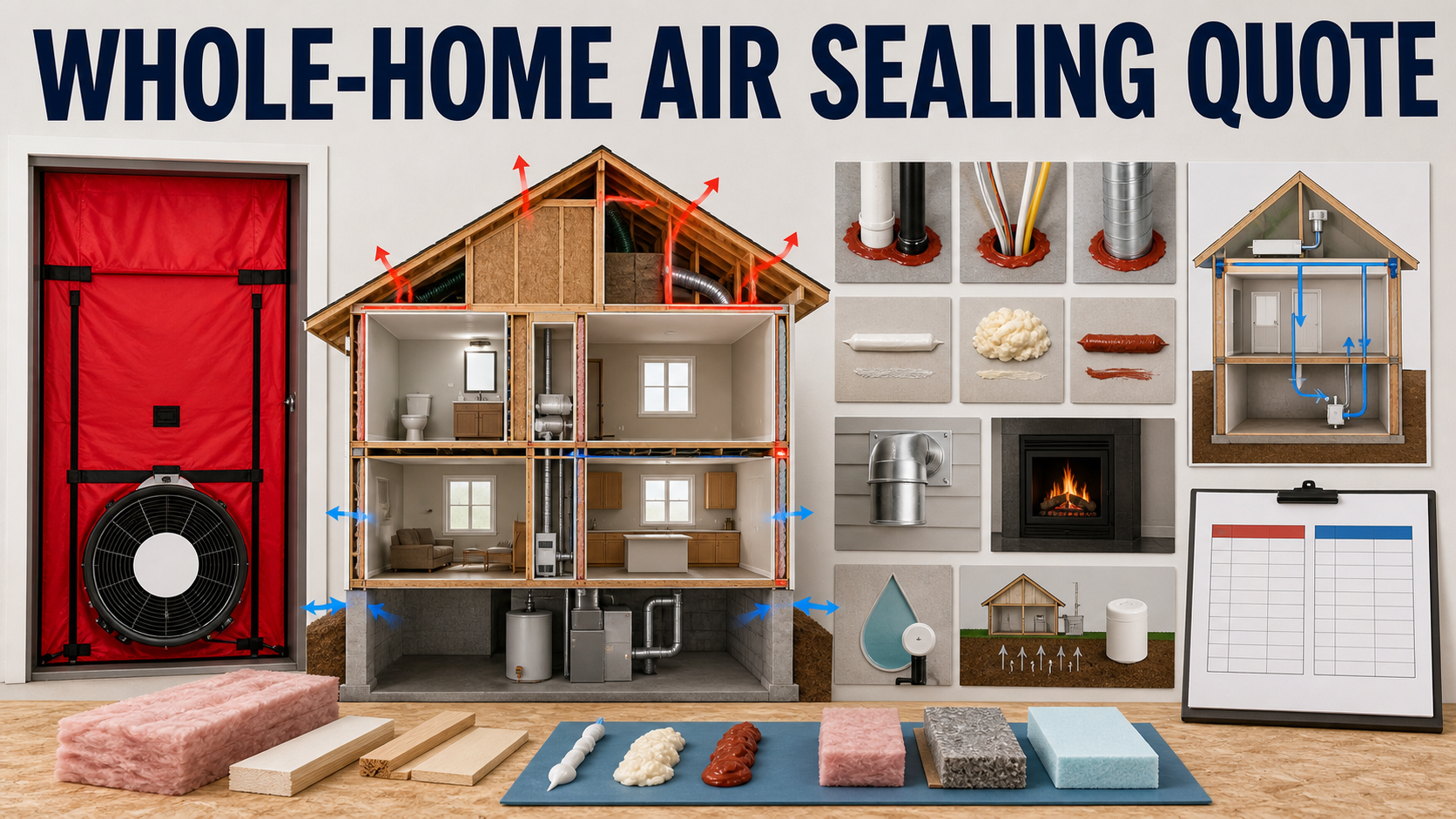Whole-home air sealing quote planning with house section, blower door, leakage paths, sealant samples, combustion safety, ventilation, moisture, radon, and test log