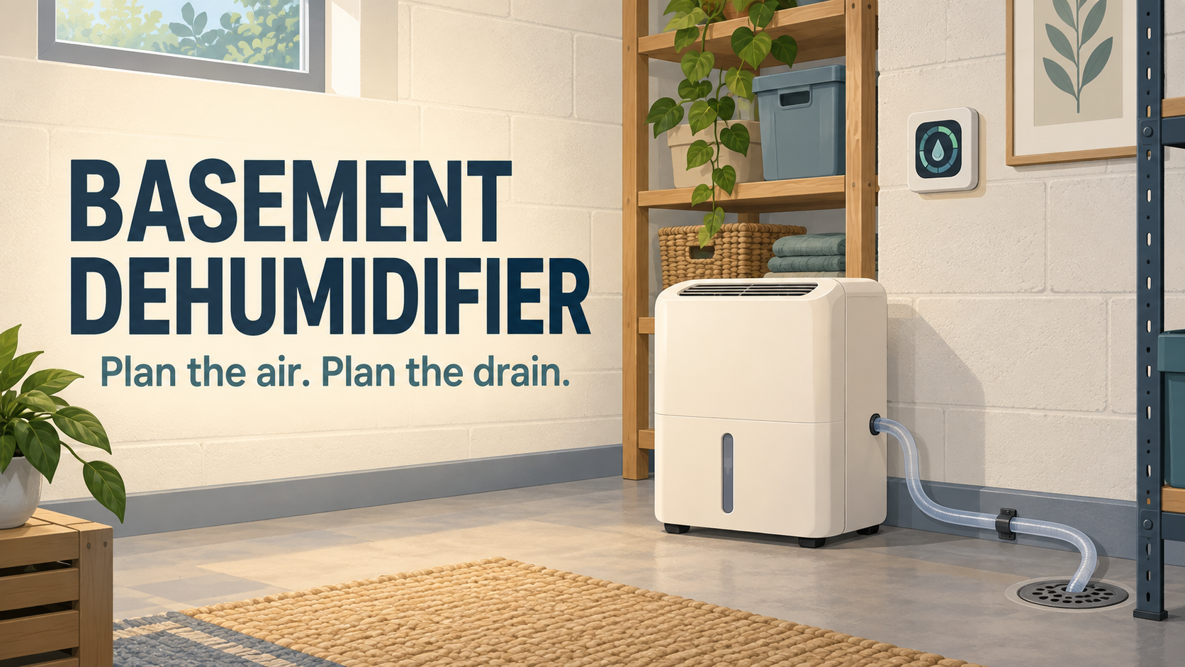 Basement dehumidifier planning with a humidity meter and drainage route