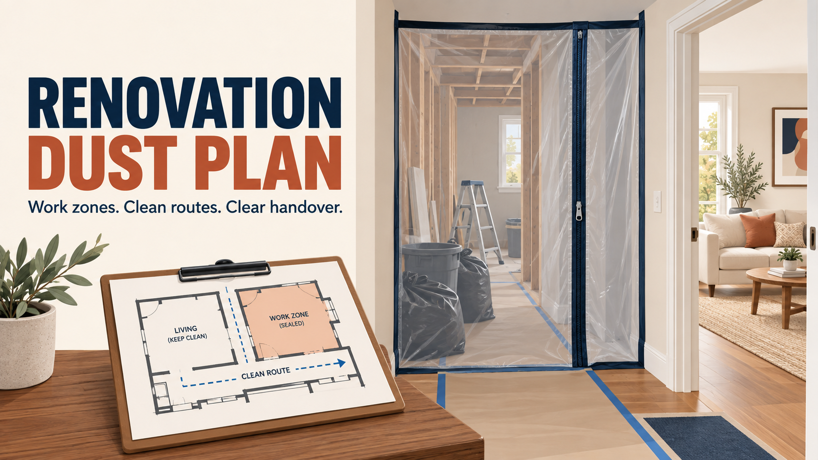 Renovation dust plan showing a work area separated from occupied rooms
