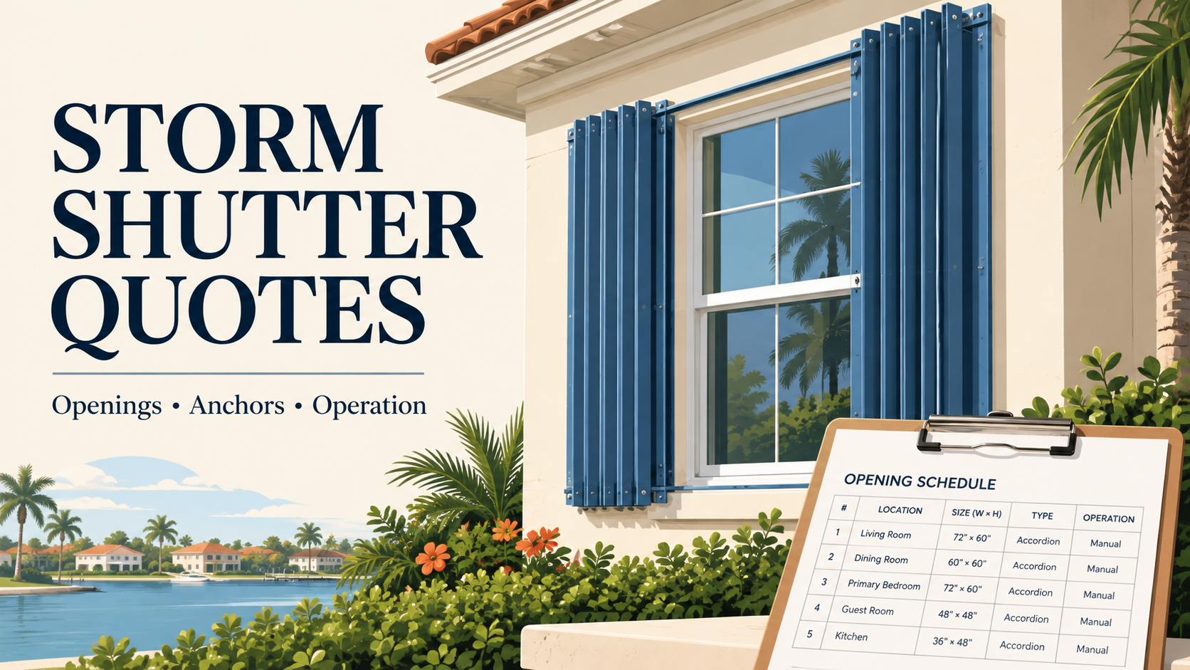 Storm shutter quote review with an opening schedule and protected window