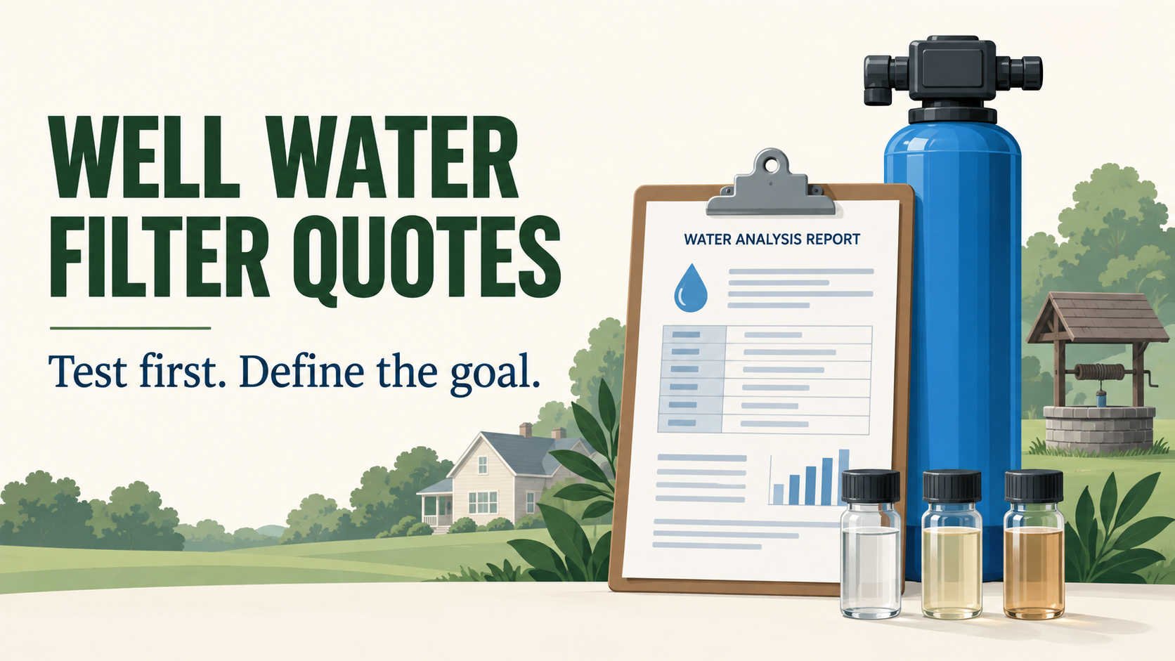 Private well filtration quote with a water test report and filter equipment